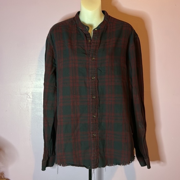 ZARA Man Red Black Flannel Button Down Shirt Frayed Hem Casual XXL - Picture 1 of 6